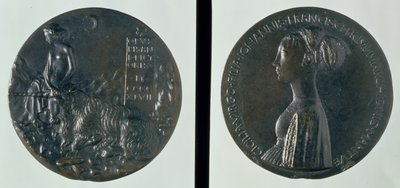 Porträtmedaille, Vorderseite zeigt Cecilia Gonzaga, Rückseite zeigt eine weibliche Figur und Einhorn, 1447 von Antonio Pisanello